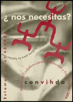 view Figures outlined in red connecting lines against a swirling grey and white bearing the name Asociación Ciudadana para la Solidaridad y Prevención del SIDA; an AIDS and HIV prevention advertisement by the Civic Association for Solidarity and AIDS Prevention. Colour lithograph, ca. 1997.