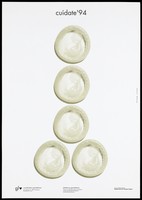 view A row of white condoms arranged as though an erect penis with the words 'cuídate '94' [beware '94] at the top; an advertisement for gay and lesbian awareness about AIDS prevention and safe sex by the Coordinadora gai-lesbiana. Colour lithograph by Josep Bagà and Jardi Nieva, 1994.