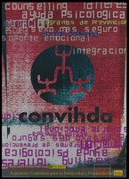 view Interconnecting figures within a black circle with the words 'counselling ... ayuda, psicologica ... oporte, emocional, integracion' above and repeated in reverse below; an advertisement for the counseling services offered by the Asociación Ciudadana para la Solidaridad y Prevención del SIDA [ the Civic Association for Solidarity and AIDS Prevention]. Colour lithograph, ca. 1997.