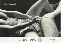view A man lying back in boxer shorts pulls off the briefs off the bottom of a man disappearing to the right representing an advertisement for safe sex to prevent AIDS by the Ministry of Social Affairs and Health Consumption in Spain. Colour lithograph, ca. 1997.