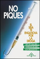 view A syringe with a hooked needle suggesting drugs get you hooked; organised by the Ministry of Social Affairs and Health Consumption in Spain. Colour lithograph, 1994.