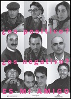 view Mug shots of men, a woman and a gay couple representing an advertisement for 'Cuídate '95', the "Look after yourself '95" AIDS prevention campaign by the Coordinadora gai-lesbiana. Colour lithograph by Ricard Marin and Louis Pastoor, 1995.