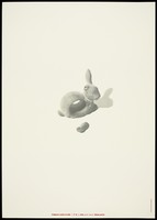 view A cast of a rabbit with a hole in the middle and one ear missing appearing to float within a neutral background; advertising the danger of AIDS. Colour lithograph by Liliana Porter, [1995].