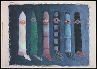 view A variety of 6 condoms arranged horizontally in the guise of rockets with a border of lettering incorporating the repeated words '6 proposicións' [6 propositions; advertising the danger of AIDS. Colour lithograph by Elvis López, [1995].