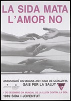 view Three sets of arms joining hands, advertising World AIDS Day in Catalonia on 1 December 1989. Colour lithograph, 1989.