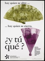 view Two fans, one coloured green and open bearing photographs of children and couples, the other purple and closed bearing a photograph of a naked woman crouching by an open window, a fist and a used condom; an advertisement for volunteers working on the AIDS cause by Actua Mollet. Colour lithograph by Isabel Real Gayo and ICS &ICS Publicitat-Mollet, 1995.