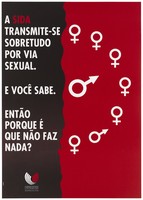 view White male and female symbols on red arranged as if the right side of a clock with the male symbol as the hands; with a message in Portuguese about how AIDS is transmitted through [unprotected] sexual contact; an advertisement by the Comissào Nacional Luta Contra la SIDA, Ministério de Saúde. Colour lithograph by Latina, ca. 1995.