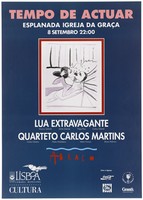 view An illustration of a man and woman kissing representing an advertisement for an AIDS benefit music event featuring the Carlos Martins Quartet at the Esplanada Igreja da Graça on 8th September; issued by Abraco, an organisation providing services in the area of AIDS in Portugal. Colour lithograph, ca. 1990's.