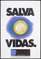 view A yellow condom surrounded by a purple background with the message in Portuguese 'Saves lives'; a safe sex advertisement by Abraco. Colour lithograph by Nuno Viera, ca. 1994.