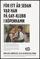 view Two young gay men sit holding hands on a sofa before numerous bottles of drink with a block of text about the importance of safe sex below in Swedish. Colour lithograph by Ted Bates, ca. 1995.