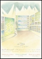 view An art gallery with paintings featuring condoms and the names of men; advertising an art exhibition on AIDS prevention. Colour lithograph after L. Nitka for Landstinget förebygger AIDS, 1993.