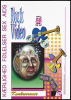 view A man's face with his brain revealed and wired to a guitar with video cassettes; an advertisement for an AIDS benefit rock video competition by the Landsforeningen Ungdomsringen. Colour lithograph by Leo Svendsen, ca. 1995.