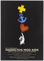 view A hand pointing to a red heart above which is balanced a blue anchor and above that a yellow cross representing an advertisement for the 13th International AIDS conference on 19th May 1996 in Denmark, Fakkeltog Mod AIDS. Colour lithograph, 1994.