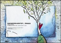 view A tree with a red heart pinned to the trunk and a piece of string attached to a needle pinned to the paper; with a border littered with numerous signatures; an advertisement for the Navneprojektet [The Names Project] in Århus, a project in memory of AIDS victims in Denmark. Colour lithograph, ca. 1996.