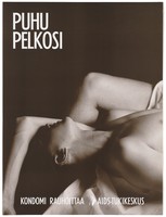 view A man lying with one arm covering his head next to his partner; a safe-sex and AIDS prevention advertisement for the AIDS-Tukikeskus, the AIDS support centre by the Finnish AIDS Council. Colour lithograph, ca. 1995.