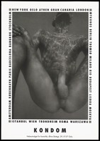 view A man with a pierced nipple immersed in water with his legs open to reveal his penis; a safe sex and AIDS prevention advertisement for condoms by the Helseutvalget for Homofile, Gay and Lesbian Health Norway. Lithograph by Fin Serck-Hanssen and En-Garde Design, ca. 1995.