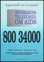 view Details of an HIV and AIDS helpline available in Norway financed by the Norway State for Health. Colour lithograph, ca. 1995.