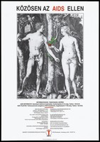 view Adam and Eve by Albrecht Dürer with a red apple and green serpent; representing sex as a source of transmission of AIDS. Colour lithograph, ca. 1997 (?).
