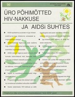 view Pastel-coloured figures float amidst leaf shapes against a backdrop of bullet point text describing the United Nations Principles of HIV infection; an advertisement by the Estonian Association "Anti-AIDS". Colour lithograph, 1994.