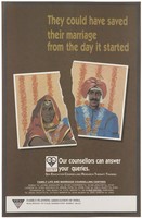 view A portrait of an Indian couple torn in two with the warning 'they could have saved their marriage'; an anti-AIDS advertisement for Sex Education Counselling Research Thearpy Training issued by the Family Planning Association of India. Colour lithograph, ca. 1996.