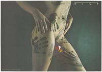 view A naked woman's body soiled with palm prints, but protected from AIDS by a "Stop AIDS" sign over her vagina. Colour lithograph after V. Kozlík, 1989 (?).