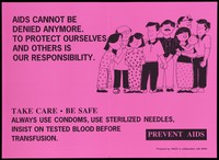 view A group of men, women and children huddle together representing an advertisement for taking responsibility for protection against AIDS by the NACO in collaboration with WHO. Colour lithograph, ca. 1997.