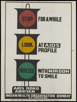 view Traffic lights bearing the words 'stop', 'look', and 'proceed' representing a safe sex advertisement for Nirodh condoms by Bharat Press for the Indian Health Organisation. Colour lithograph, ca. 1999.
