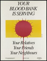 view A dripping blood droplet against a yellow background representing an advertisement for blood banks as part of the AIDS prevention scheme by the AIIMS Blood Transfusion Service and NGO AIDS Cell, New Delhi. Colour lithograph by N.R. Nanda, ca. 1994.