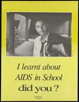 view A youth wearing a tie with his jacket slung over his shoulder with the statement 'I learnt about AIDS in school'; an AIDS prevention advertisement for the NGO AIDS Cell Centre for Community Medicine in New Delhi. Colour lithograph by N.R. Nanda, ca. March 1994.