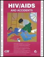 view A first-aider tends to a man bleeding profusely after a fall off a broken ladder; a message about HIV/AIDS and accidents in the workplace; an AIDS prevention advertisement by the CII, the Confederation of Indian Industry programme on HIV/AIDS prevention and care. Colour lithograph by Amita P. Gupta, ca. 1997.