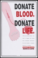 view A syringe attached to a heart poised to inject into an arm; an advertisement for donating blood to save life. Colour lithograph by the National AIDS Organisation (NACO), September 1996.