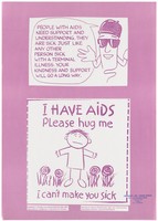 view A personified penis wearing sunglasses and a condom as a hat with a message about supporting people with AIDS; below is a forlorn looking figure with arms outstretched among flowers representing a child with AIDS, an illustration originally by J Keeler inspired by the experience of the hemophiliac 13-year old, Ryan White; an advertisement by the Community AIDS Service in Penang (CASP). Colour lithograph, ca. 1995.