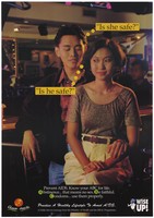 view A couple sit at a bar wondering if each other is 'safe' representing a message about the 'ABC' for life: 'A'bstinence, 'B'e faithful and 'C'ondoms; an advertisement by the Malaysian Ministry of Health and the Heal Programme. Colour lithograph, ca. 1995.
