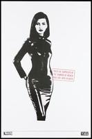 view A woman dressed in a rubber catsuit stands with her hands on her hips; an AIDS prevention advertisement for safe sex and condoms by Action for AIDS, sponsored by Durex condoms. Colour lithograph, ca. 1995.