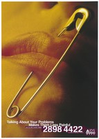 view A woman's lips pierced together with a large safety pin, representing the pain of not talking about AIDS-related problems; advertising the AIDS Concern Hotline, Hong Kong. Colour lithograph, ca. 1997.