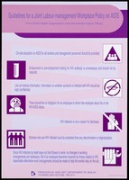view Guidelines for a joint labour-management Workplace Policy on AIDS with logo illustrations by the AIDS Unit Department of Health, Government of Hong Kong. Colour lithograph, ca. 1995.