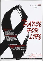 view A black version of the AIDS red ribbon representing an advertisement for a dance marathon fundraiser organized by AIDS Concern and Club 97 held on 1st December 1994. Colour lithograph, 1994.