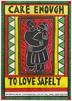 view The black and white figures of a couple hugging within a border decorated with the national colours of Zimbabwe; advertising safe-sex in AIDS prevention. Colour lithograph by J. Shepherd for the AIDS Counselling Trust (ACT) of Zimbabwe, 1991.