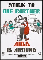 view Two women stroke the face of a man bearing the words 'Play boy' on his t-shirt with 2 other couples sitting on benches looking on from either side; an AIDS prevention advertisement by the International Planned Parenthood Federation and Planned Parenthood Association of Sierra Leone. Colour lithograph, ca. 1996.