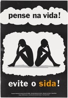 view The black silhouettes of a man and woman sitting with their backs to each other with their head in their hands and a message in Portuguese; an AIDS prevention advertisement by the Ministry of Health, Mozambique. Colour lithograph by Jacques Schwatzstein and Xuxo Lara, ca. 1996.