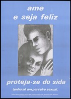 view A couple hugging representing a safe-sex and AIDS prevention advertisement by the Ministry of Health, Mozambique. Colour lithograph by Luis Cardosa, ca. 1996.