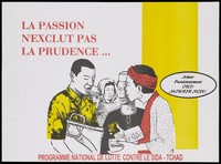 view A man offering condoms to a queue of people representing a safe-sex and AIDS prevention advertisement by the Programme National de Lutte Contre le SIDA of Chad. Colour lithograph, ca. 1997.