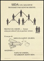 view The black silhouettes of men and women with arrows and the message that AIDS is a sexually transmitted disease so stick to one partner and use condoms; a safe-sex and AIDS prevention advertisement by the Ministry of Health and Social Services, Seychelles (Creole version). Colour lithograph, ca. 1996.