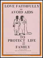 view A groom with his bride and a message to love faithfully and obey the christian way of life and avoid AIDS; an advertisement by the Uganda Catholic Medical Bureau. Colour lithograph by A.B.C. Ngónzi, ca. 1990's (?).