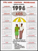 view A man and woman standing beneath an umbrella bearing safe sex messages as the centrepiece of a calendar for 1996 by the STD/AIDS Control Programme, Ministry of Health, Uganda. Colour lithograph by Tahley (?), 1996.