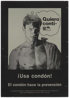 view A semi naked man with a shirt hanging off one shoulder and a condom beside him; a safe-sex and AIDS prevention advertisement from Guadalajara, Mexico. Colour lithograph, ca. 1994.