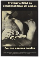 view A naked man puts a condom into the hand of his partner behind him; a safe sex and AIDS prevention advertisement from Mexico. Lithograph, ca. 1994.