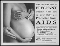 view A heavily pregnant naked woman holding her belly with one hand and her breast with the other; advertisement for the AIDS Hotline of the National AIDS Programme of Trinidad & Tobago. Lithograph, ca.