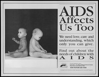 view Two babies sit back to back representing a warning about AIDS and children by the AIDS Hotline of the National AIDS Programme of Trinidad & Tobago. Lithograph, ca. 1996.