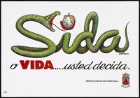 view A serpent spitting out a half-bitten apple bearing a map of the world representing a warning about the worldwide dangers of AIDS by The Municipal Corporation of San Pedro Sula. Colour lithograph by Roberto Ruiz, ca. 1997.